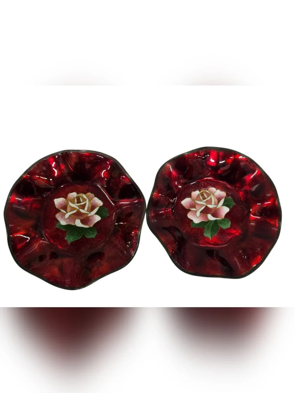 SET OF (2) 1920'S BASSE-TAILLE ENAMEL ROSE FLUTED BOWLS - FRANCE